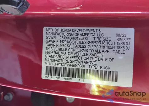 2023 Honda Ridgeline Sport z USA, uszkodzony, nr VIN 5FPYK3F19PB049988